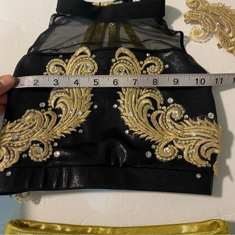 Custom glamorous mature solo dance costume 2 piece leather fringe black MC LC